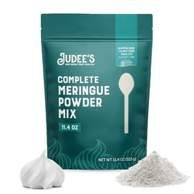 Judee's Gluten Free meringue powder packaging shown, a gluten-free baking essential.