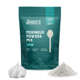 Judee's Gluten Free meringue powder packaging shows gluten-free and nut-free labeling for safe baking.