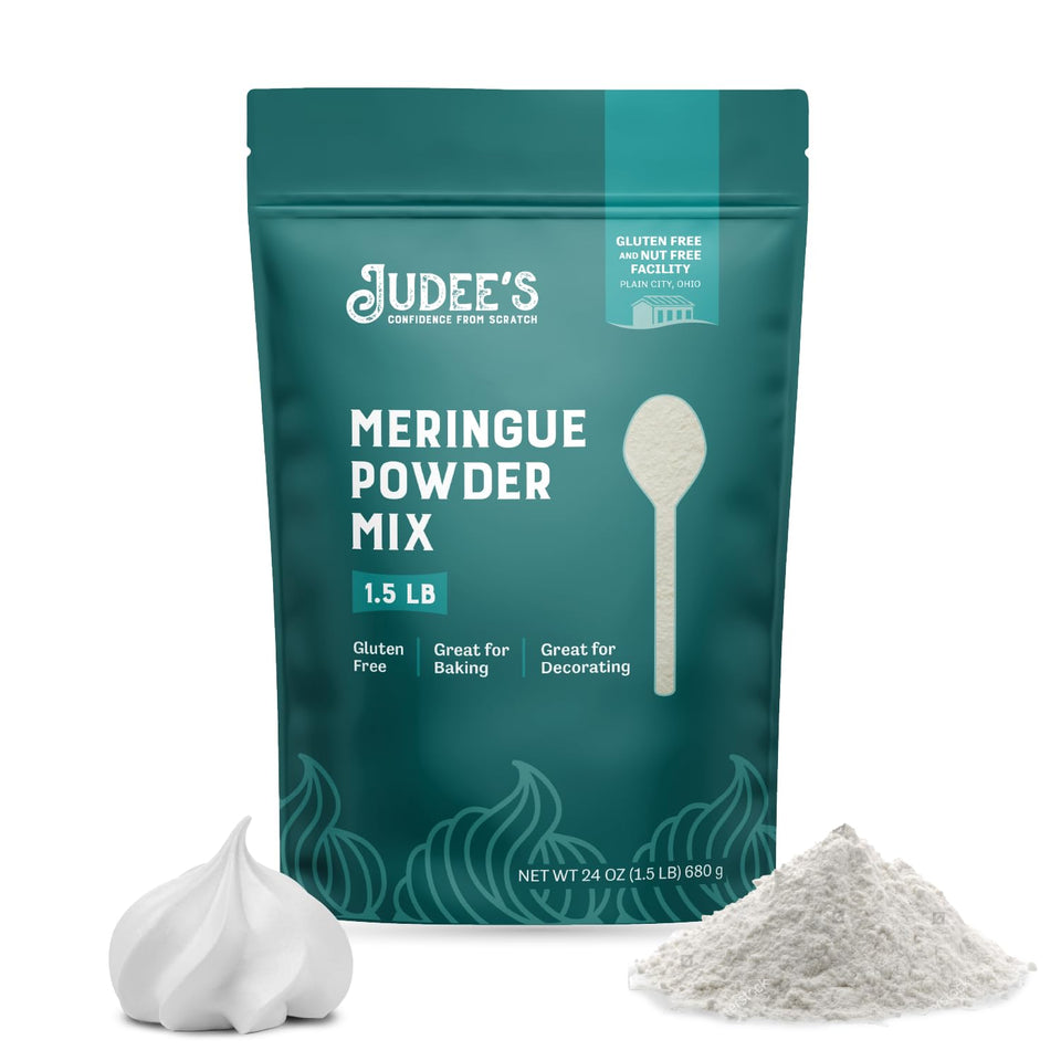 Judee's Gluten Free meringue powder packaging shows gluten-free and nut-free labeling for safe baking.