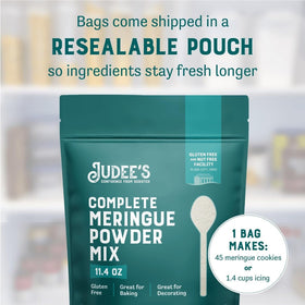 Resealable pouch of Judee's gluten-free meringue powder preserves freshness between bakes.