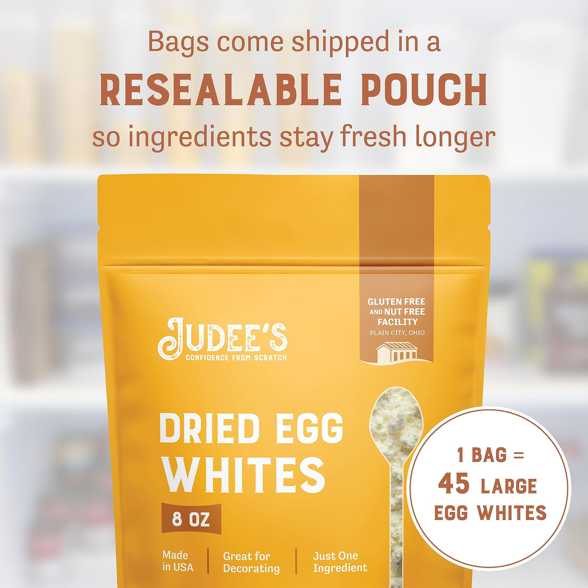 Judee's Gluten Free Dried Egg White Protein Powder in a meringue setup suggests light, airy textures.