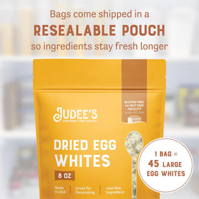 Judee's Gluten Free Dried Egg White Protein Powder in a meringue setup suggests light, airy textures.