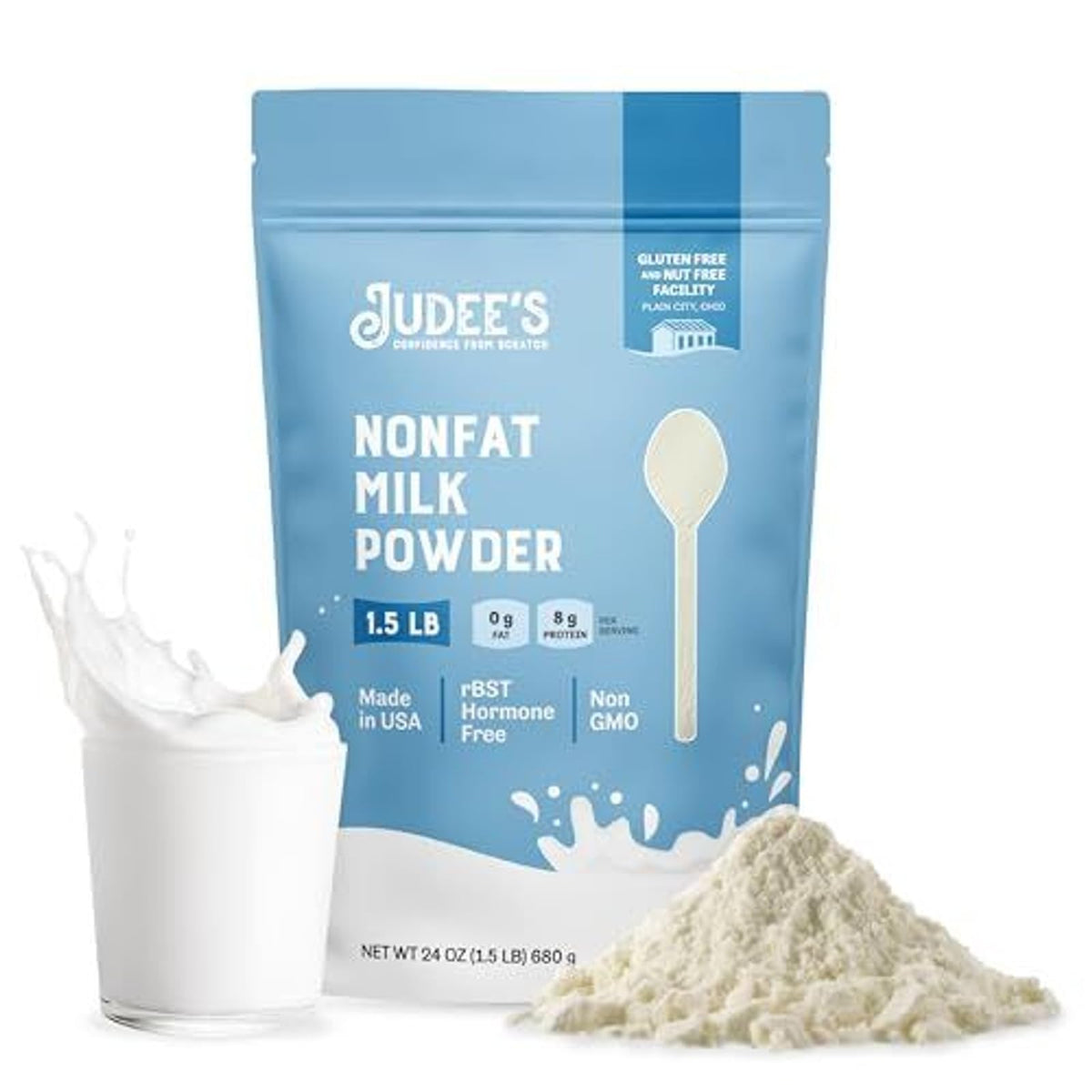 Judee's Gluten Free Non Fat Dry Milk front packaging, a gluten-free pantry staple.