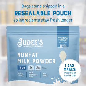 Baking scene with Judee's Nonfat Milk Powder for recipe enrichment