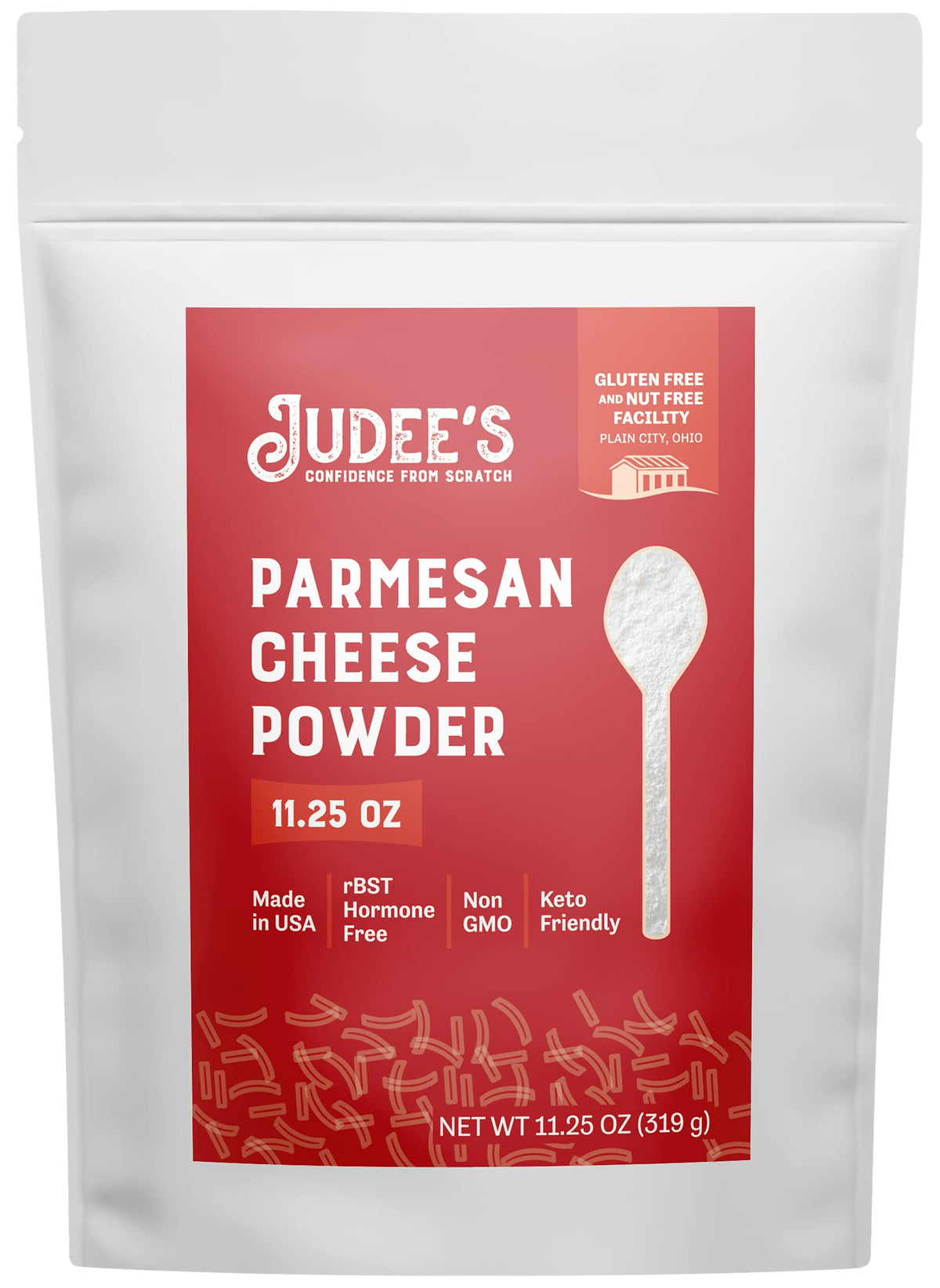 Judee's Gluten Free Parmesan Cheese Powder jar closeup highlighting rich Parmesan flavor for pastas