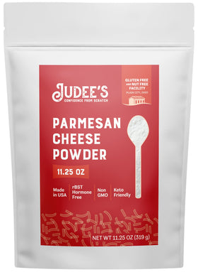 Judee's Gluten Free Parmesan Cheese Powder jar closeup highlighting rich Parmesan flavor for pastas