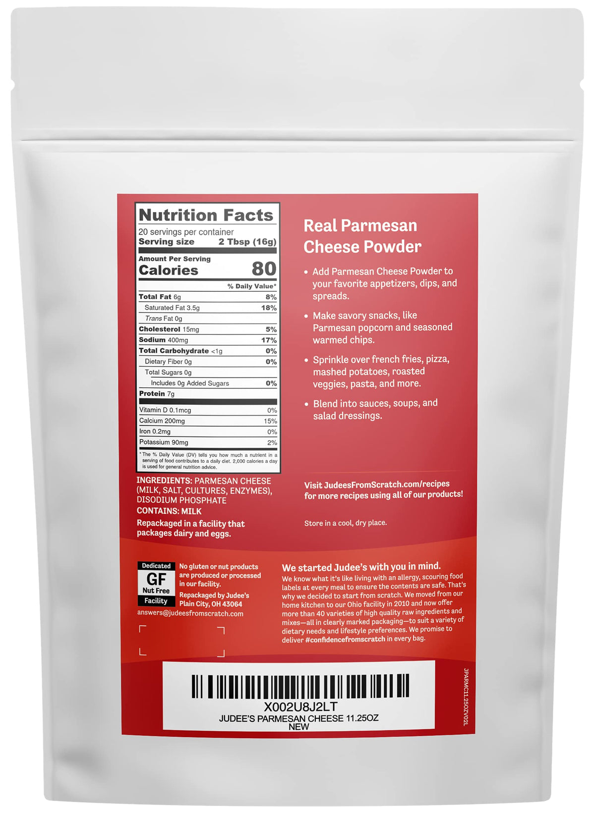 Judee's Parmesan Cheese Powder pouring shot emphasizes savory seasoning for popcorn and sauces