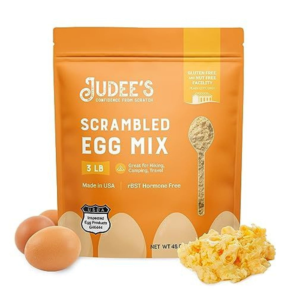 Judee's Gluten Free scrambled egg mix in a bag, ideal for easy camping meals.
