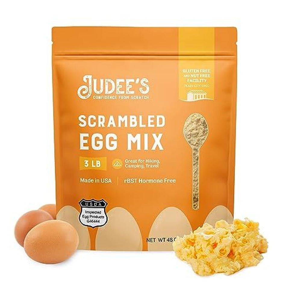 Judee's Gluten Free scrambled egg mix in a bag, ideal for easy camping meals.
