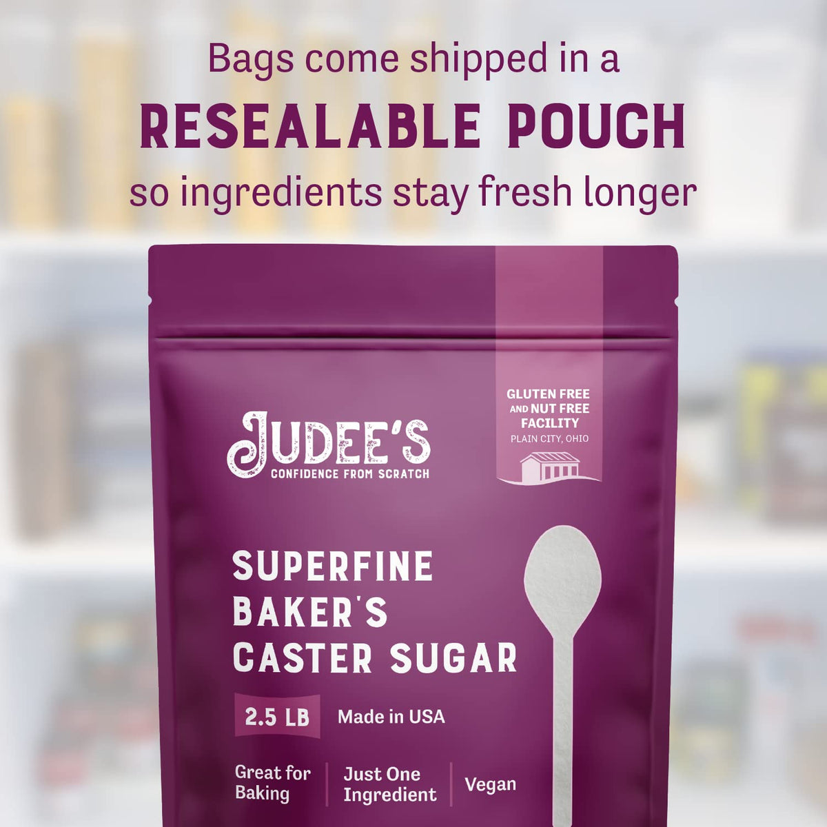 Judee's Gluten Free sugar close-up shows ultra-fine crystals for delicate batters