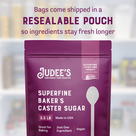 Judee's Gluten Free sugar close-up shows ultra-fine crystals for delicate batters