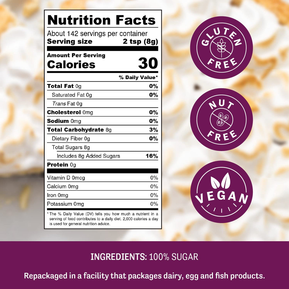 Judee's Gluten Free sugar pours smoothly into beverages
