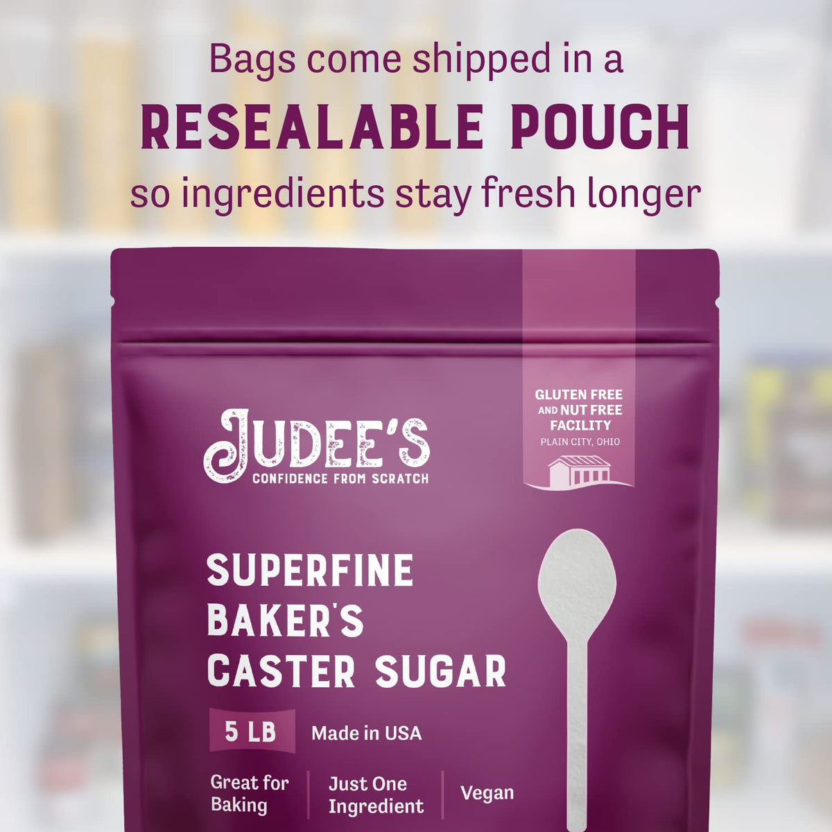Judee's Gluten Free superfine caster sugar standup pouch on kitchen counter for freshness