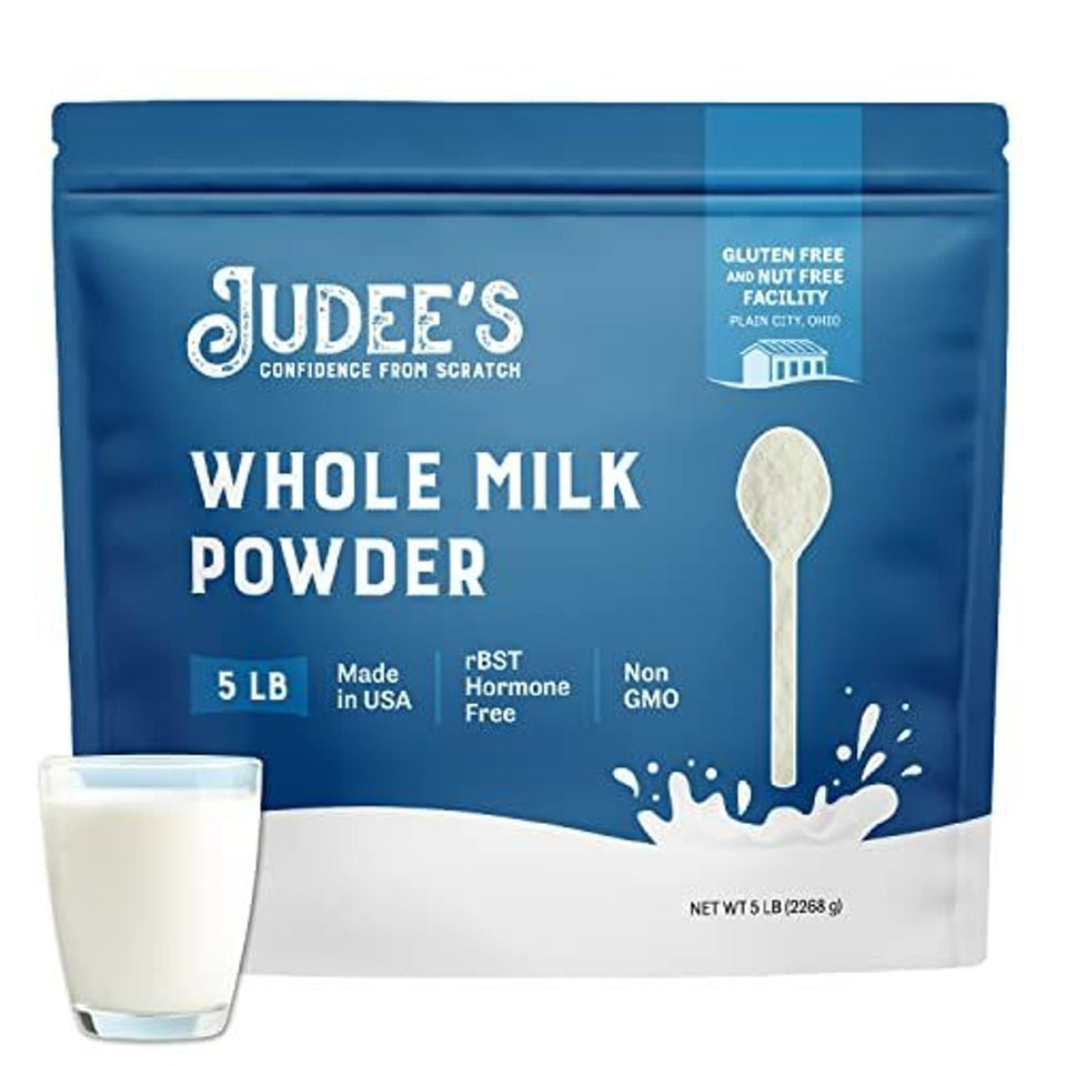 Judee's gluten free whole milk powder front packaging displaying pantry-friendly features
