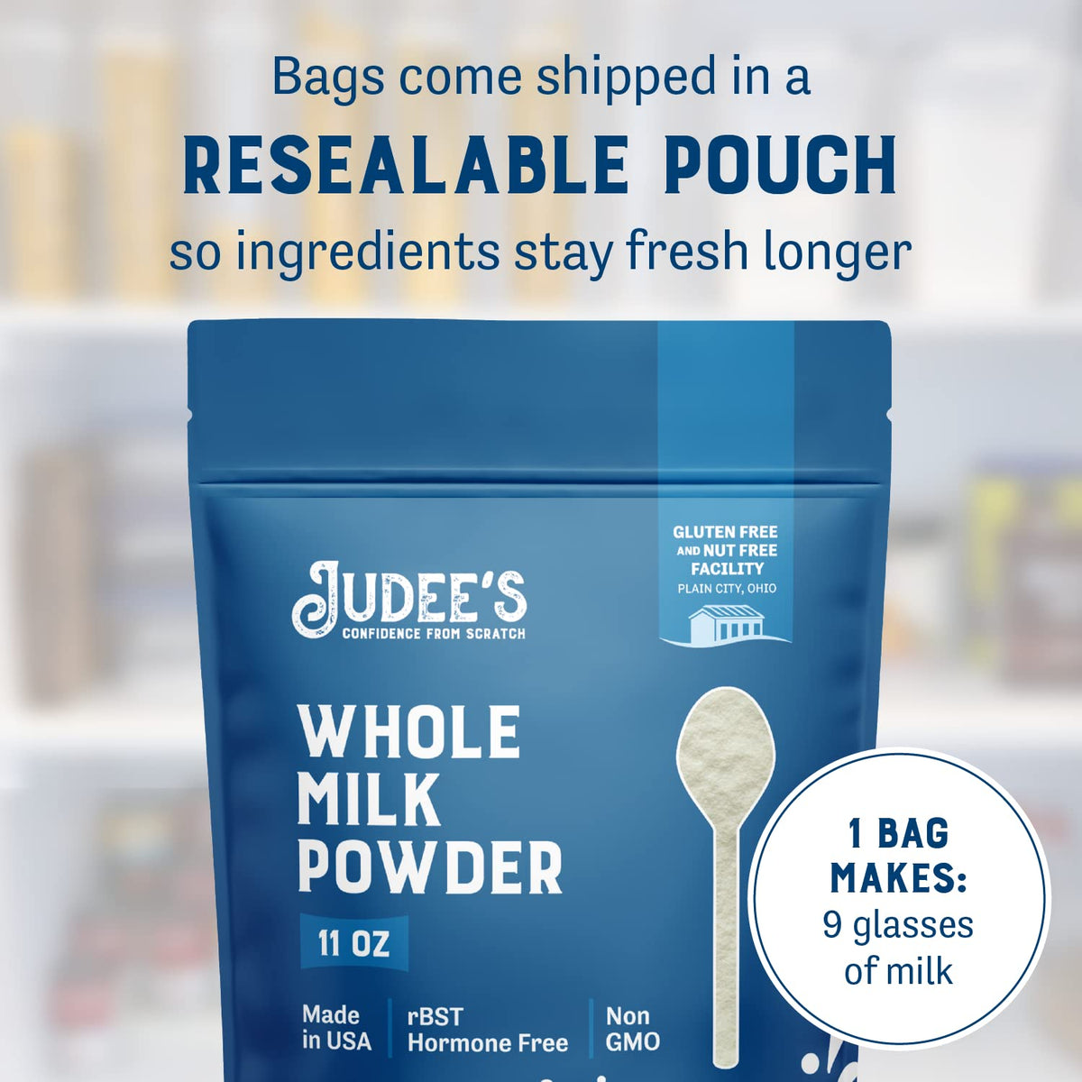 Open pouch of Judee's gluten free whole milk powder ready for use
