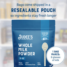 Open pouch of Judee's gluten free whole milk powder ready for use