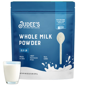 Judee's Gluten Free Whole Milk Powder packaging demonstrates long shelf life.