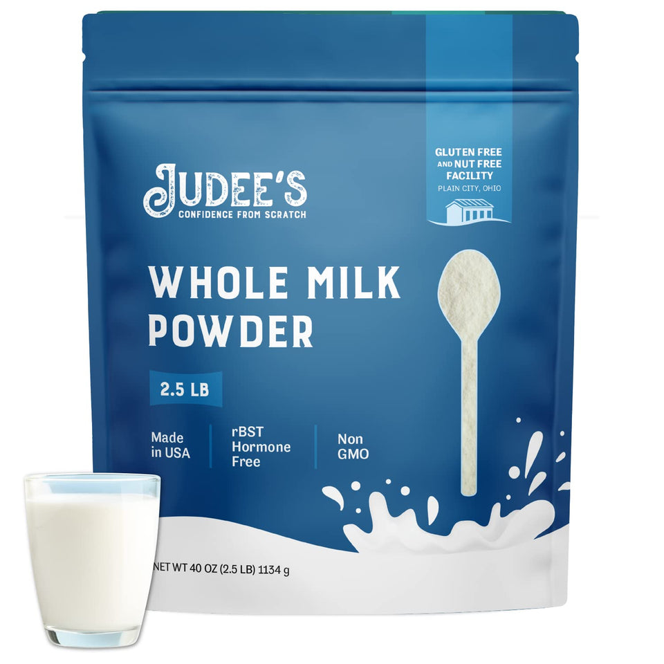 Judee's Gluten Free Whole Milk Powder packaging demonstrates long shelf life.