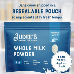 Judee's gluten free whole milk powder resealable pouch emphasizing freshness for emergencies