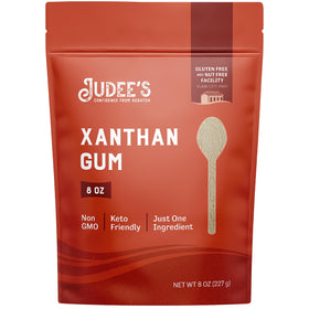 Judee's Gluten Free Xanthan Gum powder bottle improves gluten-free baking texture and elasticity
