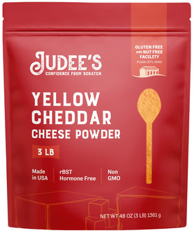 Judee's Gluten Free yellow cheddar cheese powder packaging with resealable pouch for freshness.