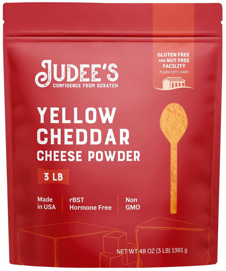 Judee's Gluten Free yellow cheddar cheese powder packaging with resealable pouch for freshness.