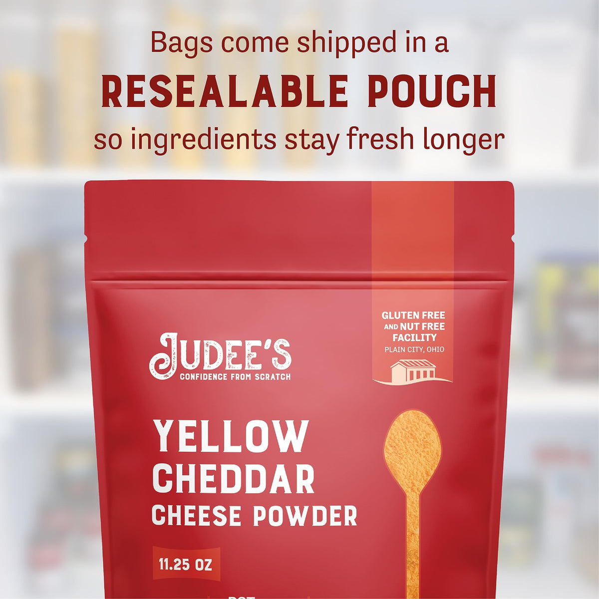 Creamy cheddar sauce made with Judee's powder over macaroni.