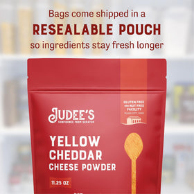 Creamy cheddar sauce made with Judee's powder over macaroni.