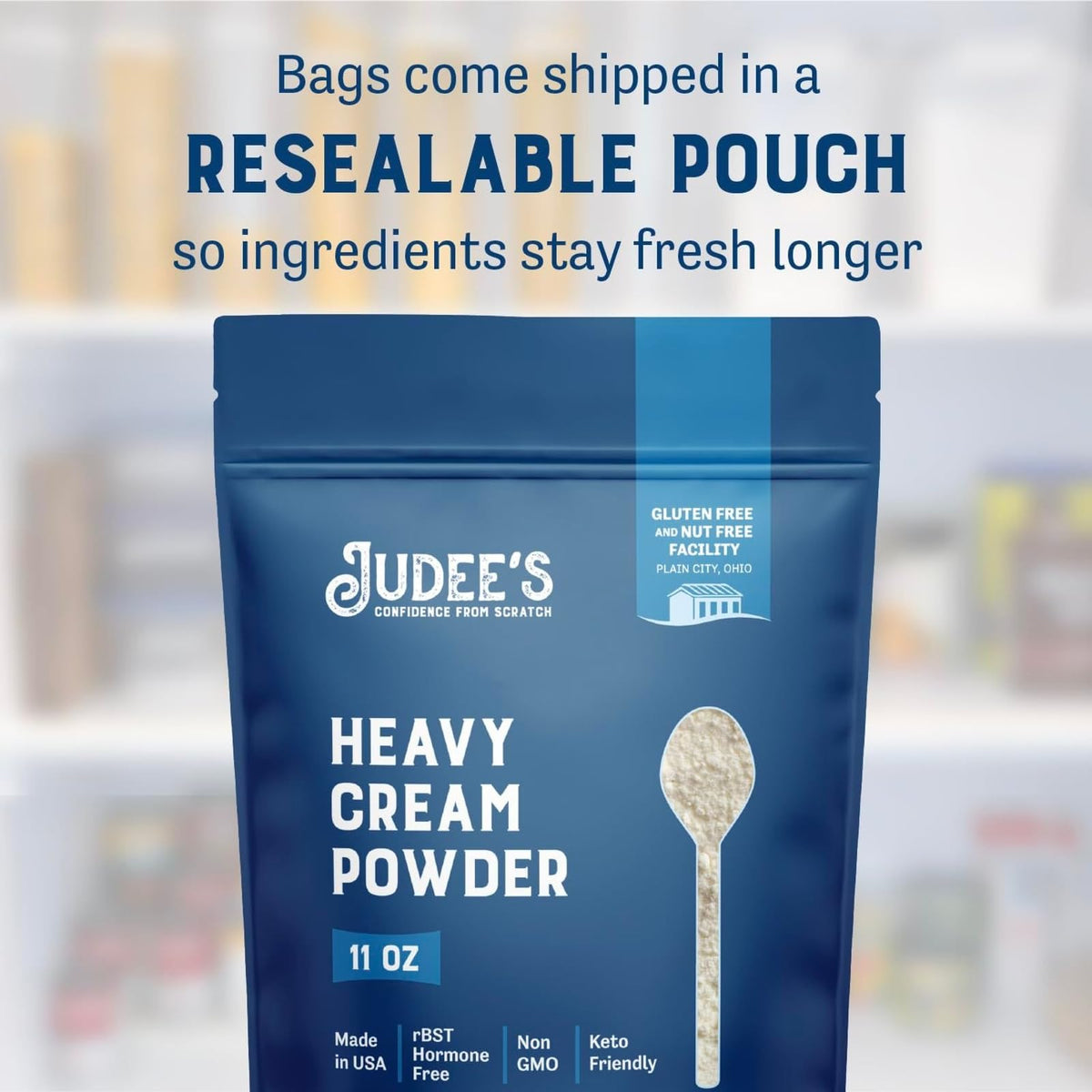 Judee's Heavy Cream Powder dissolving in water to reconstitute cream texture.