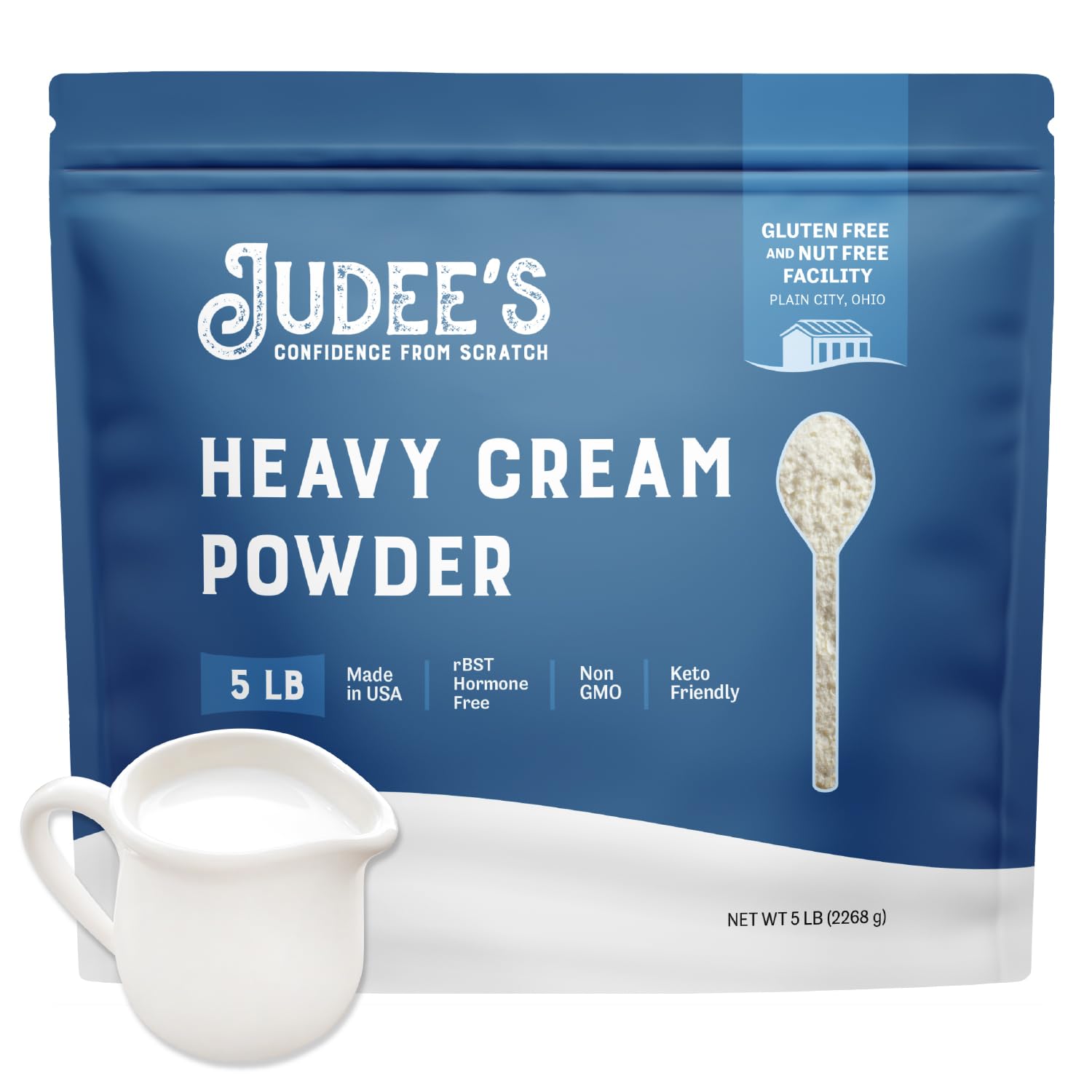 Judee's Heavy Cream Powder packaging showcases shelf-stable, versatile dairy for cooking and whipping.