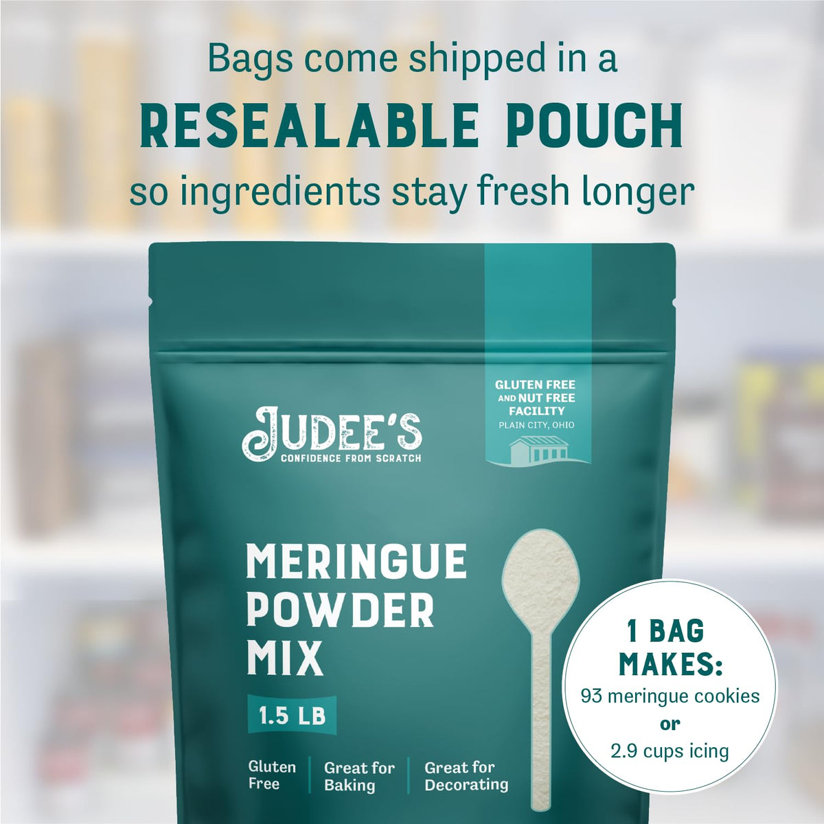 Judee's meringue powder standup pouch closeup emphasizes generous 24-ounce supply.