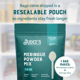 Judee's meringue powder standup pouch closeup emphasizes generous 24-ounce supply.