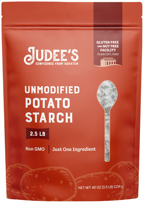 Judee's Potato Starch bag close-up highlighting gluten-free, versatile cooking ingredient.