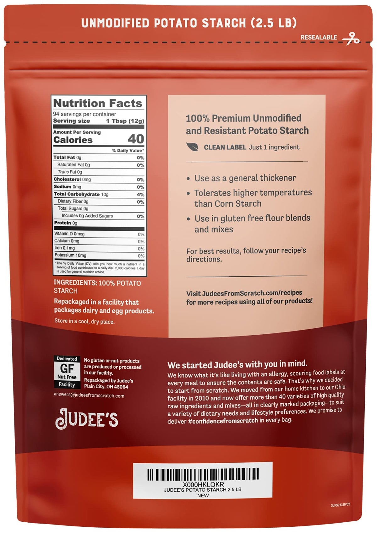 Judee's Potato Starch packaging front shows 40 oz size and gluten-free promise.