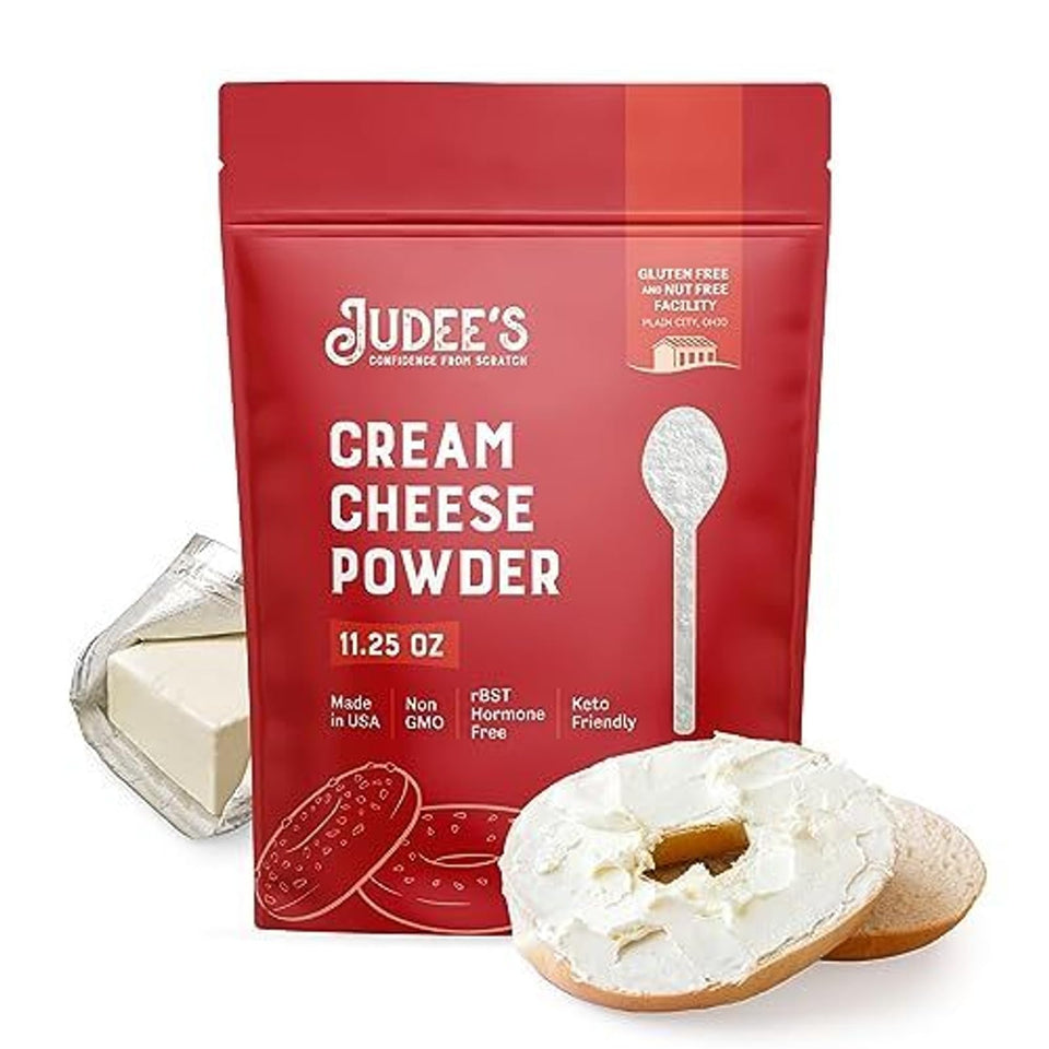 Judee's Powdered Cream Cheese pouch ready for gluten-free baking and keto-friendly recipes.