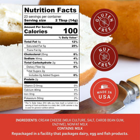 Judee's Powdered Cream Cheese label closeup shows gluten-free ingredients and quality.