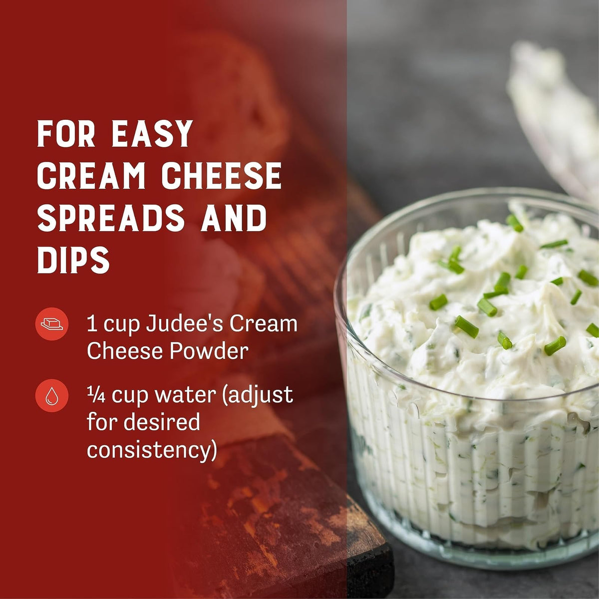 Judee's Powdered Cream Cheese packaging resealable pouch keeps freshness.