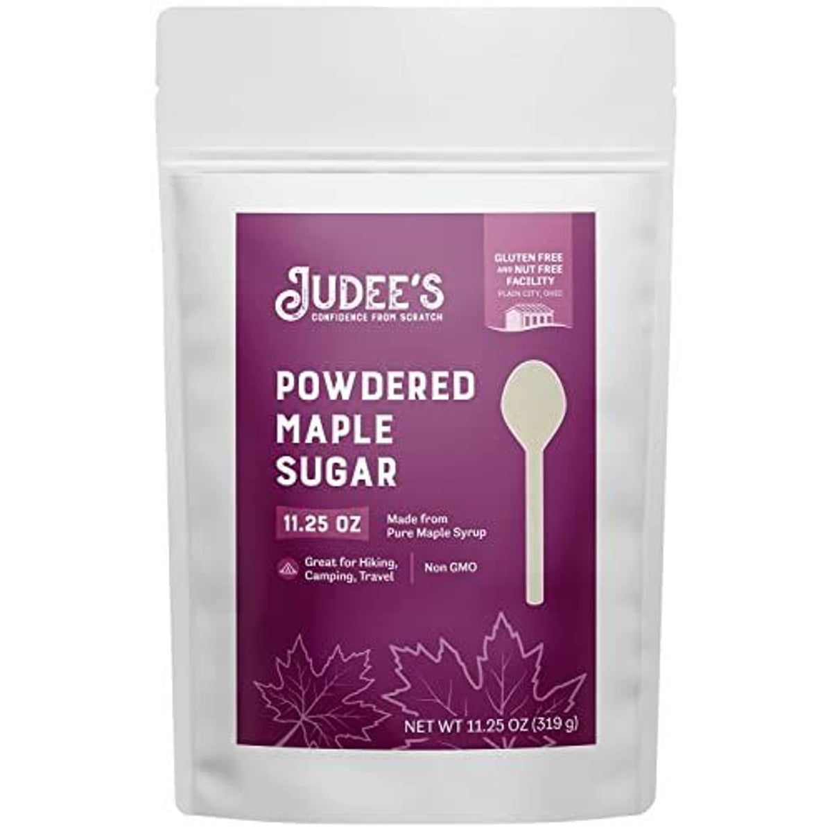 Judee's powdered maple sugar in a resealable 11.25 oz pouch for fresh gluten-free baking.