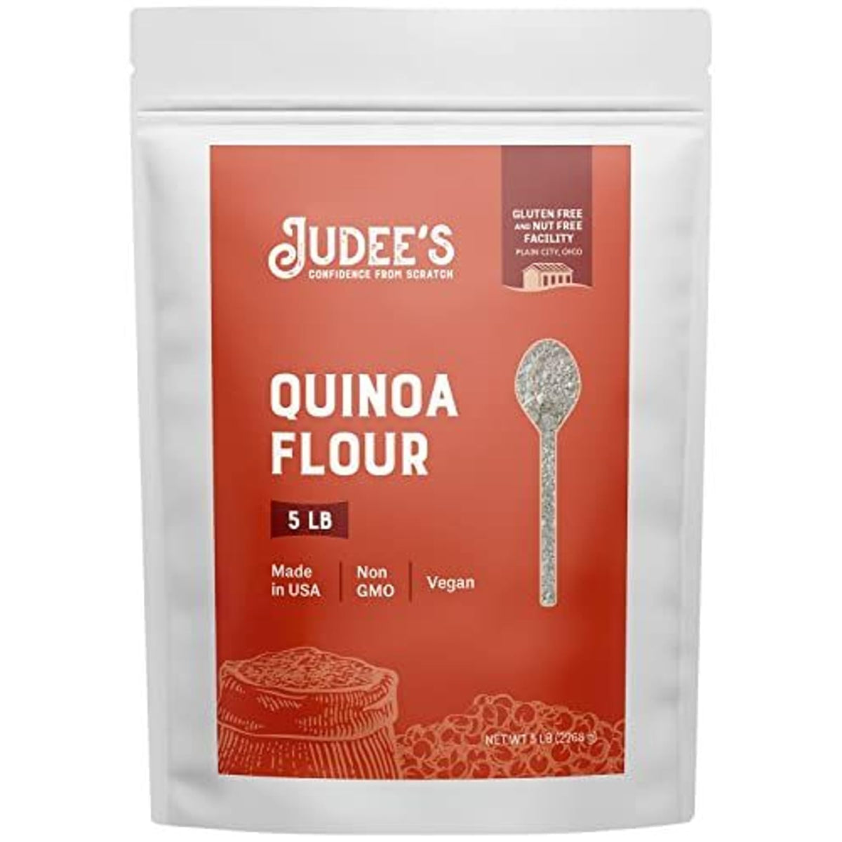 Judee's Quinoa Flour 5 lb bag for gluten-free pancakes and breads.