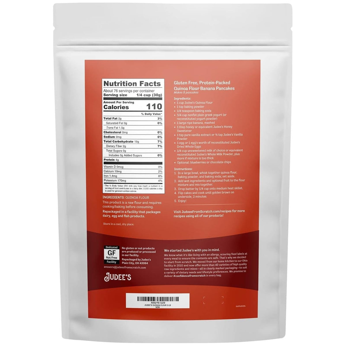 Judee's Quinoa Flour from a dedicated gluten-free facility.