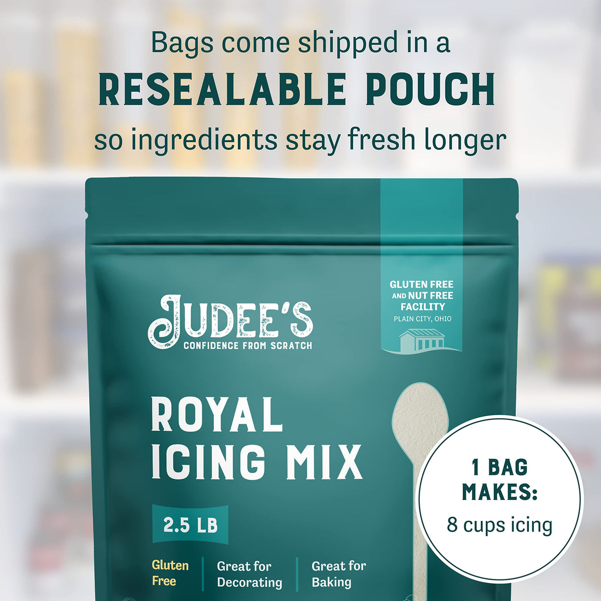 Judee's Royal Icing Mix ingredients close-up show quality and natural flavor potential.