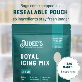 Judee's Royal Icing Mix ingredients close-up show quality and natural flavor potential.
