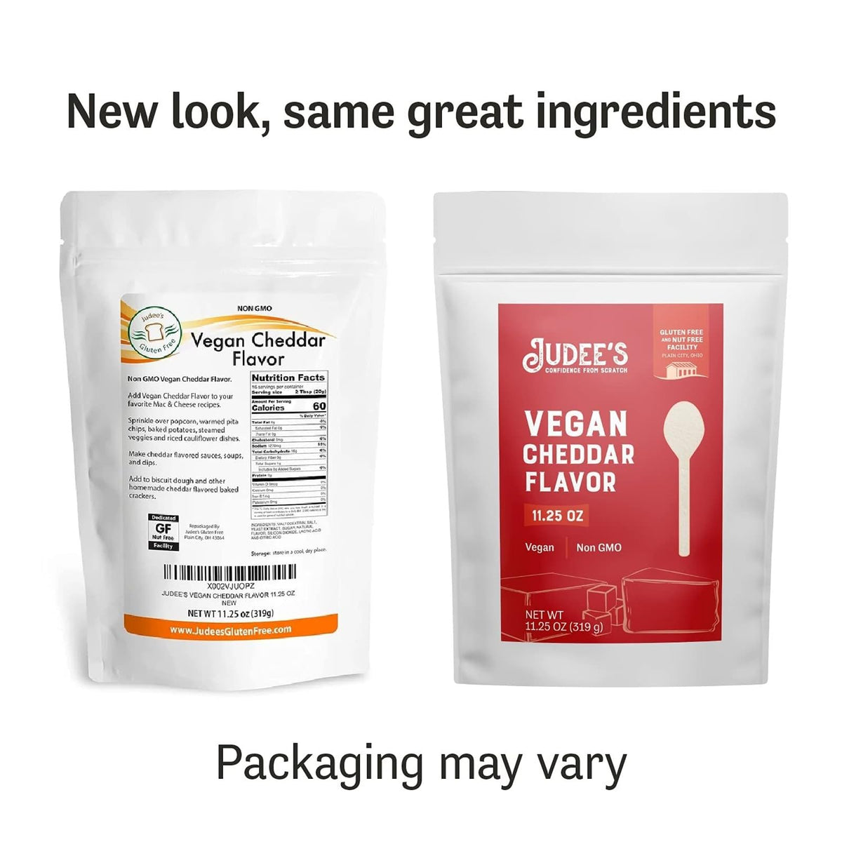 Judee's Vegan Cheddar Flavor Powder ingredient list close-up for vegan sauces