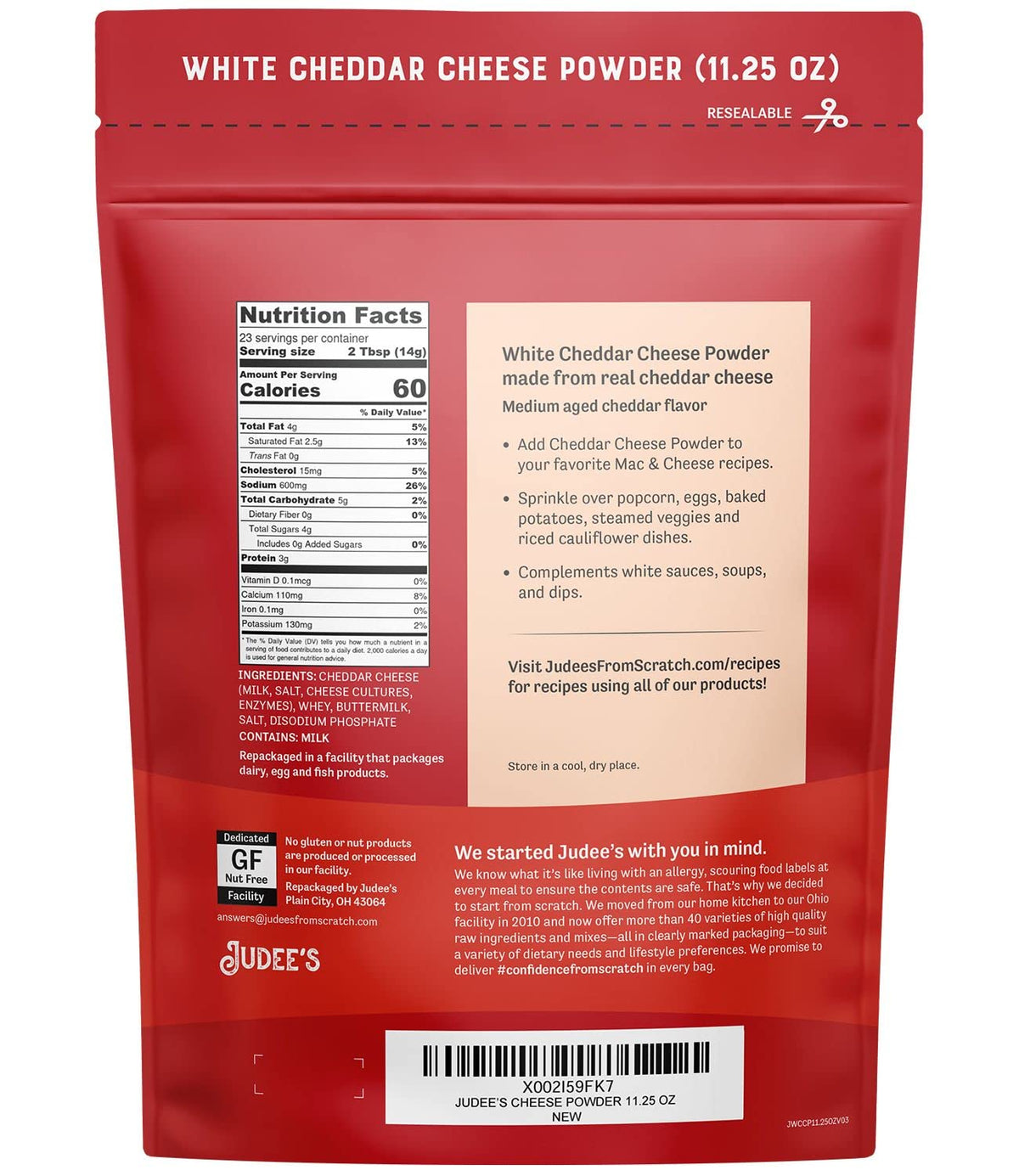 Judee's White Cheddar Cheese Powder container ready for creamy dips and spreads.