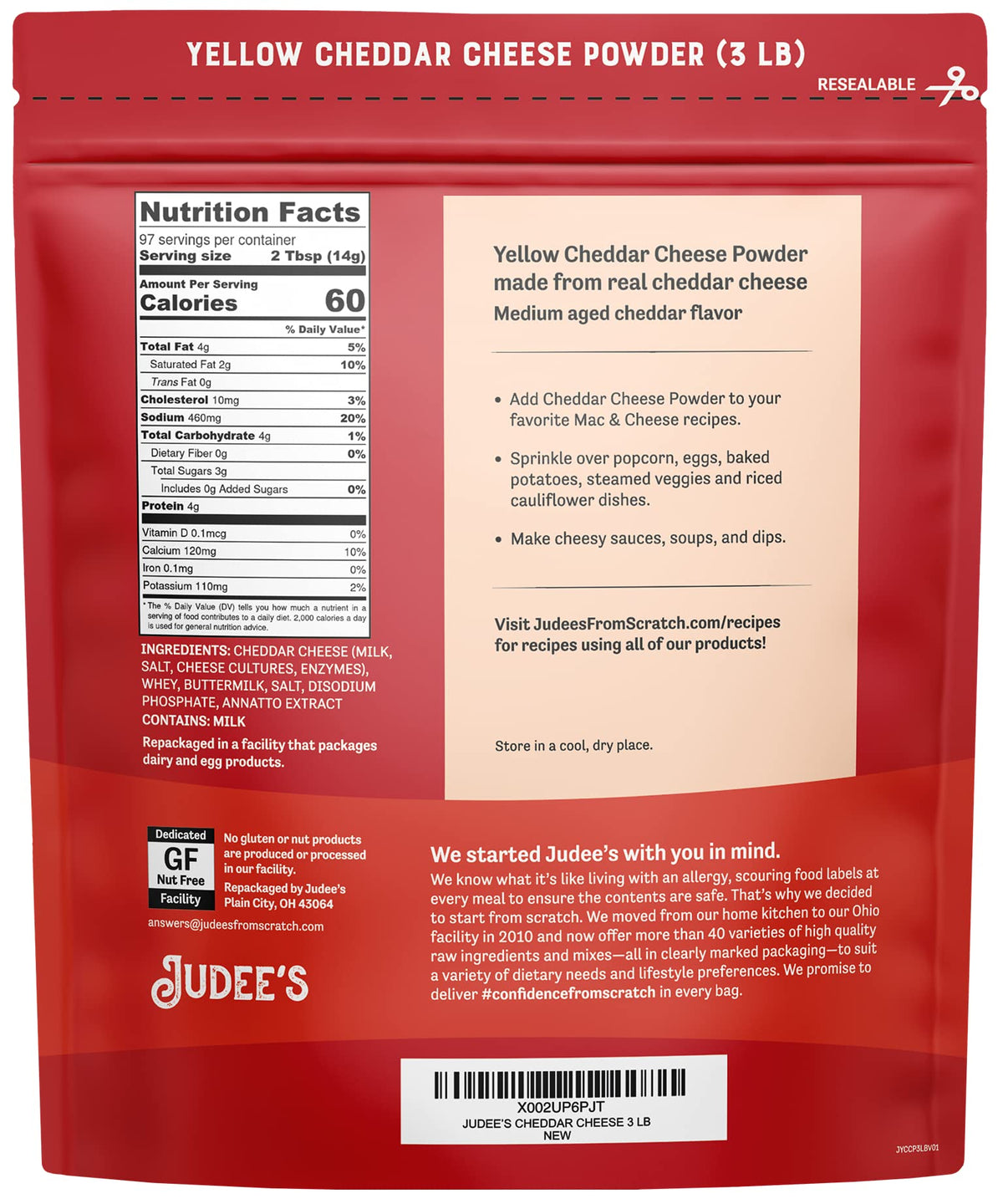 Close-up of Judee's cheddar powder texture showing rich granules for sauces.