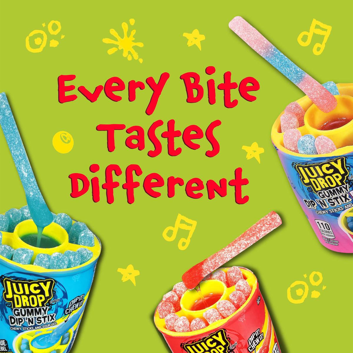 Juicy Drop Dip ’N Stix Knock-Out Punch flavor adds bold sweetness.