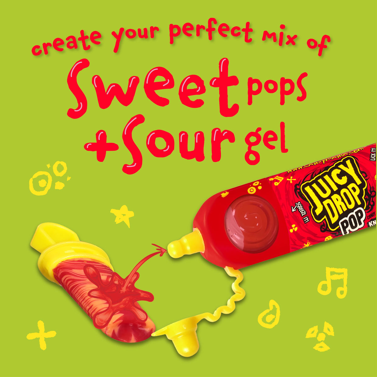 Juicy Drop Pop lollipop with sour gel being applied for customizable flavor.