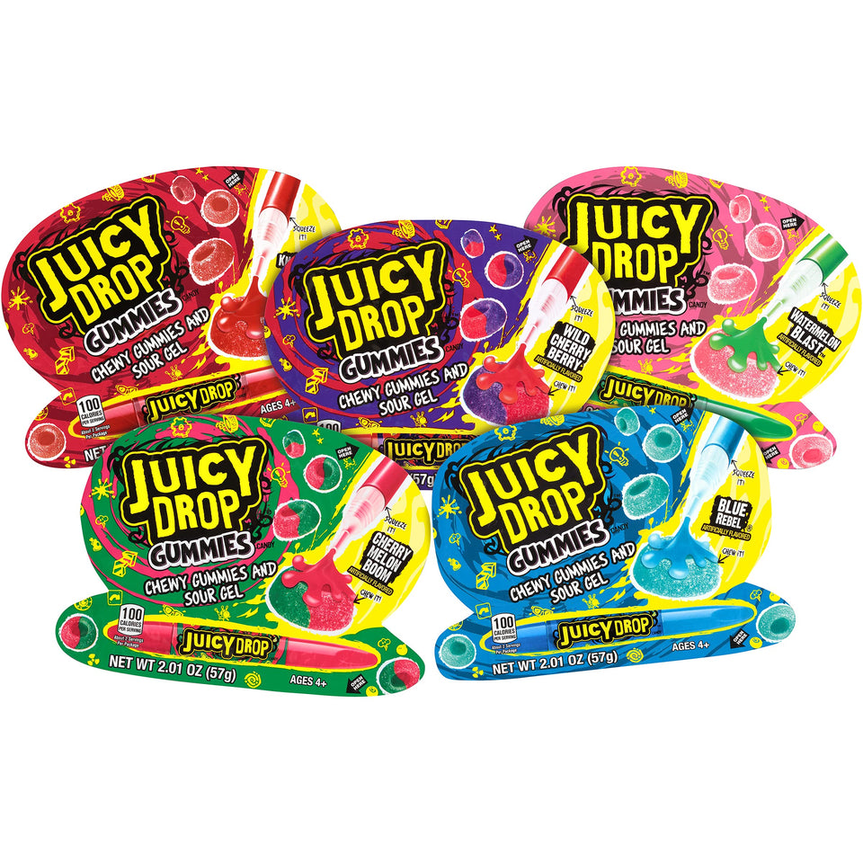 Juicy Drop Sour Candy Gummies collection with four flavors for fun snacks.