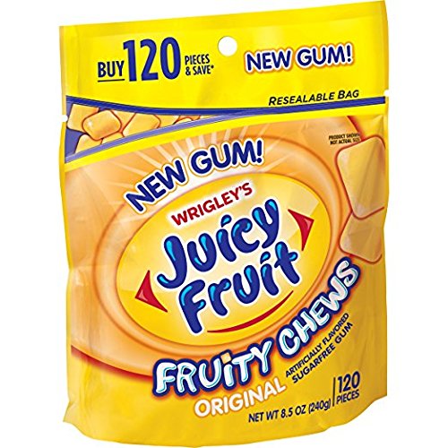 Juicy Fruit Fruity Chews 3-pack packaging offers long-lasting fruity flavor and fresh breath.