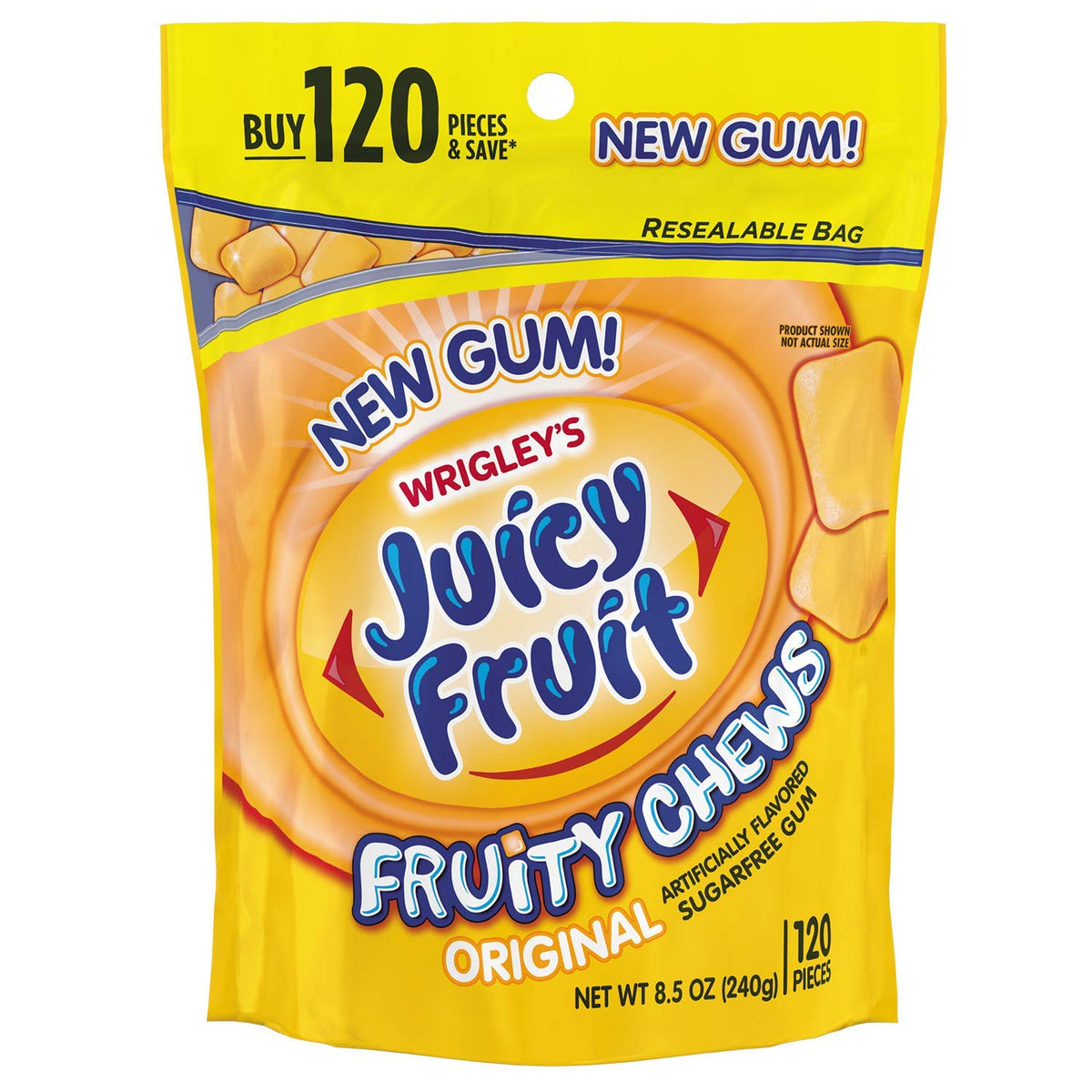 Juicy Fruit Gum Fruity Chews pack highlighting sugarfree, shareable flavor for daily moments.